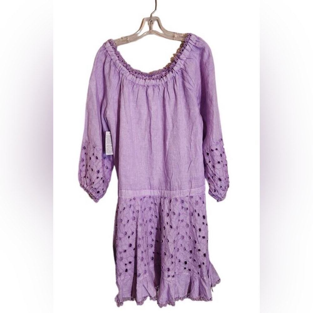 Guess Lavender Linen Eyelet Long Sleeve MIDI Dress